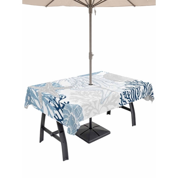 Outdoor Tablecloth with Umbrella Hole for Patio/Picnic/Party/Camping, Blue Beige Coastal Waterproof Table Cloth Rectangle Table Cover Washable, Grey Navy Blue Coral Starfish Nautical (60"x 120")