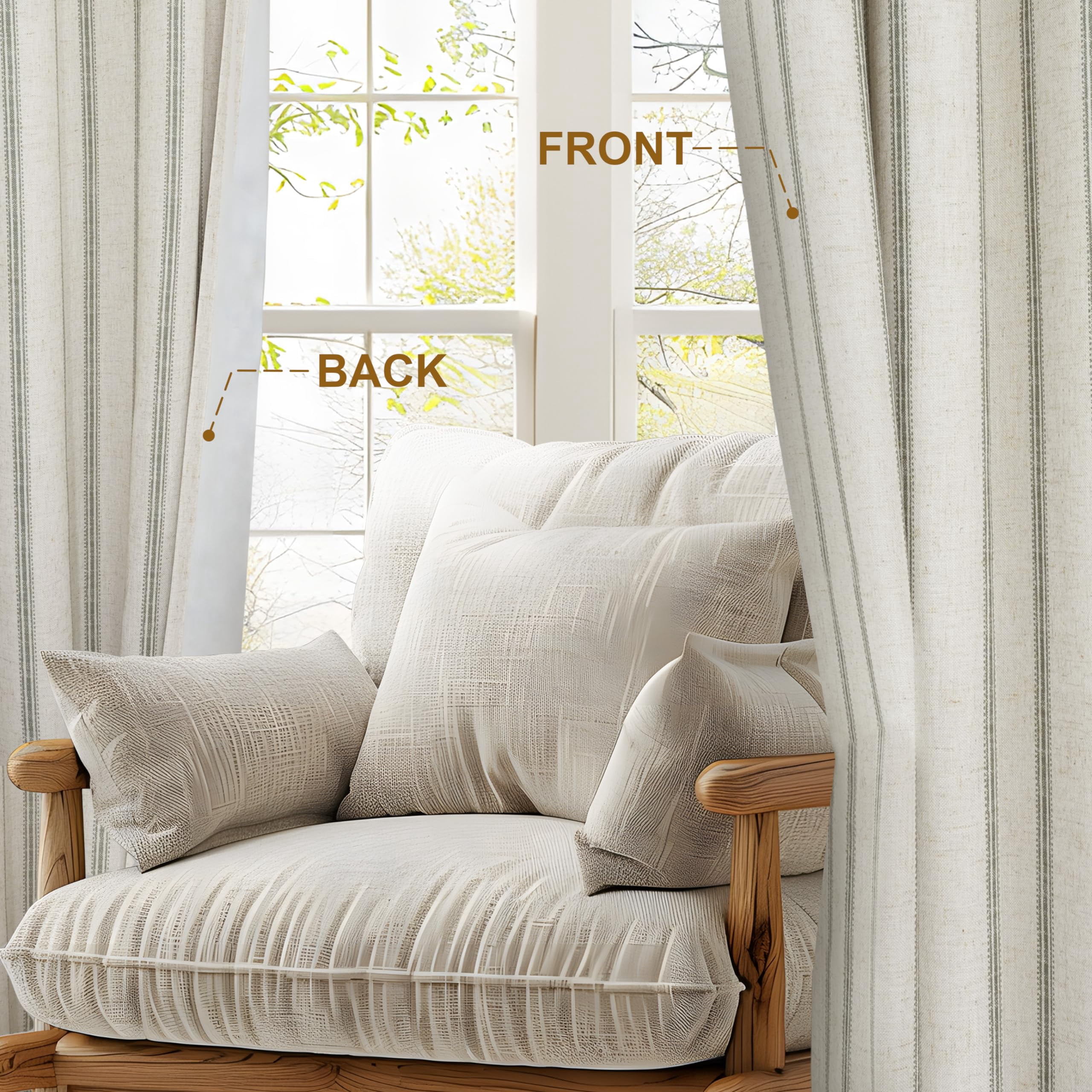 DriftAway Farmhouse Linen Blend Blackout Curtains 84 Inches Long for Bedroom Vertical Striped Printed Linen Curtains Thermal Insulated Lined Treatments for Living Room 2 Panels W52 x L84 Loden Green