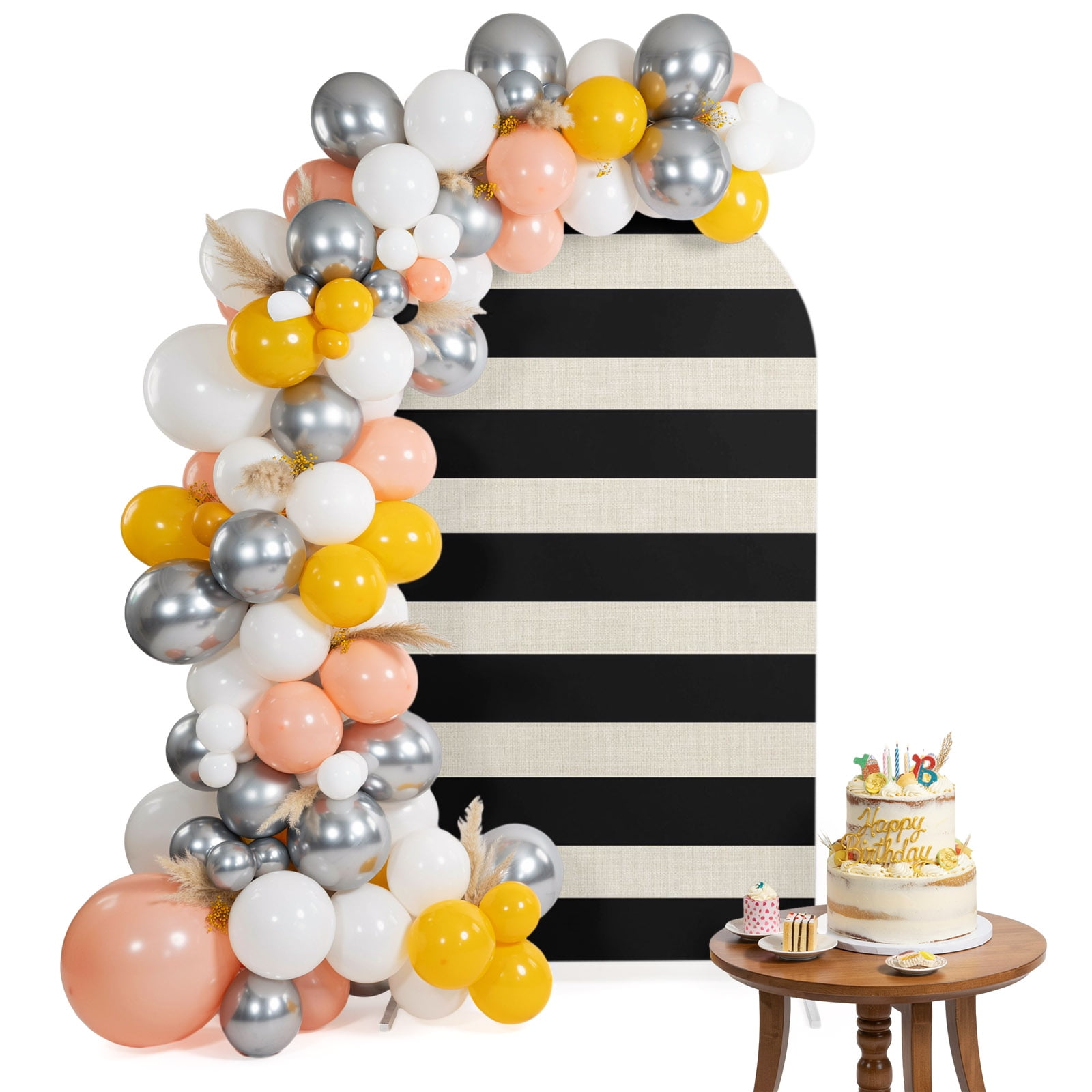 White Black Striped Arch Backdrop Cover 4 Ft Simple Stripes Linen Texture Vintage Spandex Fitted Stretchy Arch Cover, Round Top Chiara Backdrop Cover for Wedding Birthday Baby Shower