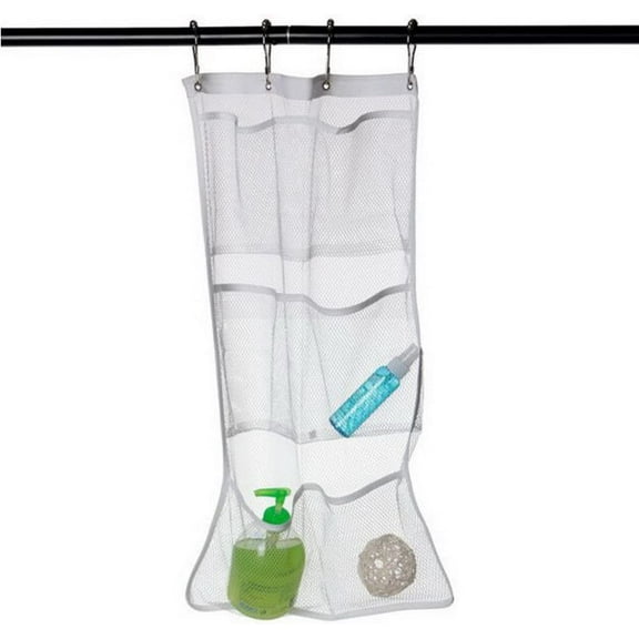 Mesh Shower Organizer Hanging Bathroom GIXUSIL 6 Pockets Hang Curtain Rod with 4 Rings(White)