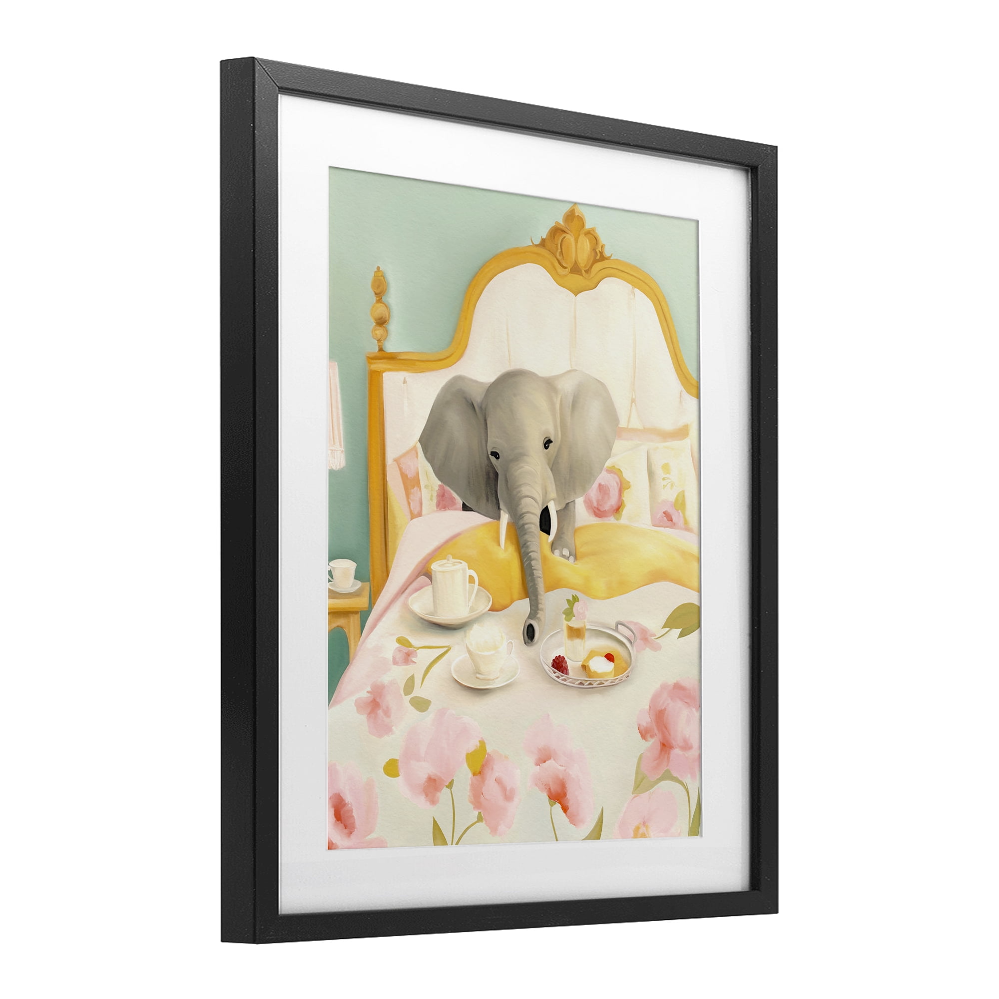 Breakfast in Bed Elephant Black Framed Print Under Glass, design by Leah Straatsma