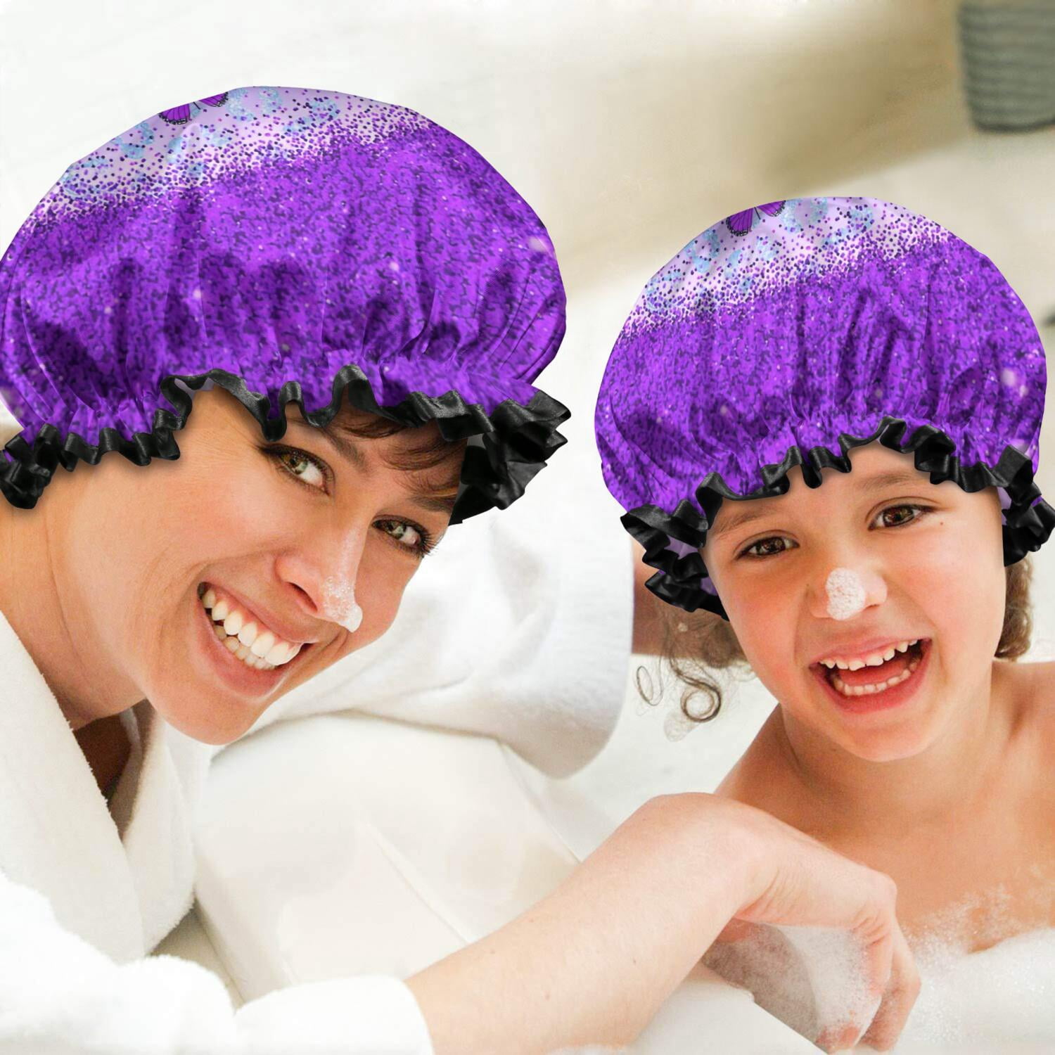 Shower Caps,Purple Butterfly Leopard Pattern Waterproof Shower Cap for Women 4 Pieces,Double Reusable Hair Cover for Shower PEVA Elastic Stretch Hem
