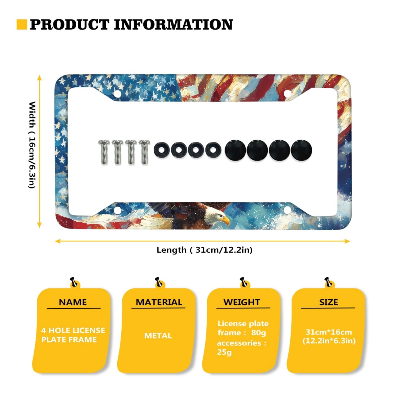 Renewold American Flag Eagle 2 Pack Car License Plate Frame, Aluminum Car Accessories for Front and Rear License Plates, 4th of July Patriotic Auto Decor