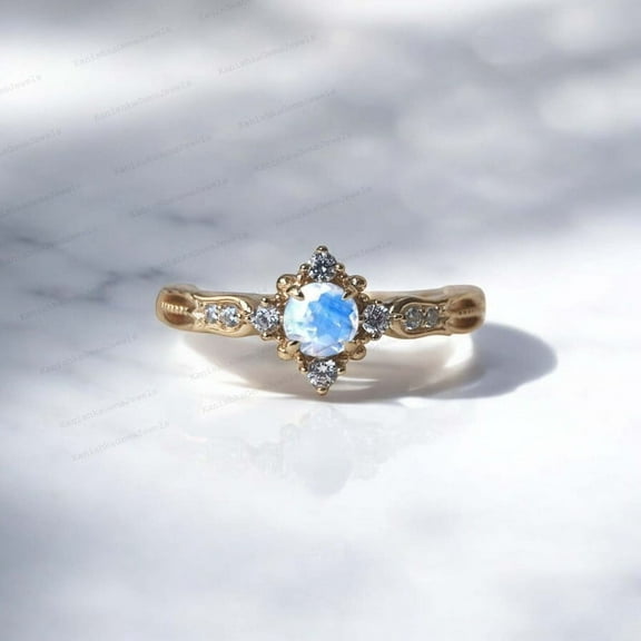 KANISHKAGEMS&JEWELS 5MM / 1.5Ct Vintage Moonstone Engagement Ring CZ Diamond Proposal Ring June Birthstone Women Jewelry Christmas Gift For Lover