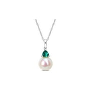 GEM AND HARMONY 8-8.5mm Freshwater Cultured Drop Pearl Pendant Necklace with Lab-Created Emerald in 10K White Gold with Chain