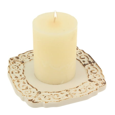 Candle Plate - Stonebriar Collection Square Worn White Ceramic Cross Candle Plate