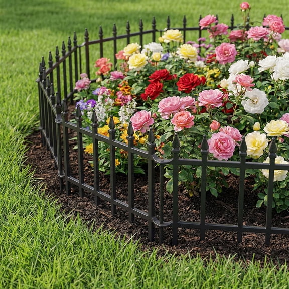 Y&M Decorative Metal Garden Fence 12in H x 9.6ft L, Small Border Fence Roman Column Deco, Garden Fencing for Flower Bed Lawn Landscape Outdoor, 7 Panels   8 Stakes Black
