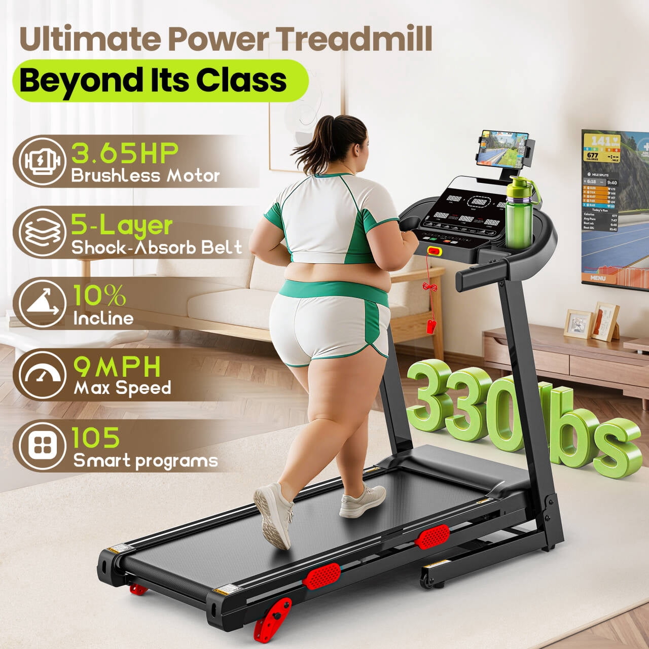 3.65HP 9MPH Treadmill for Home, 330LBS Capacity, Folding Treadmill w/ Incline & 105 Programs, Virtual Run with APP Control, Air damping System, Portable Exercise Equipment for Jogging Walking