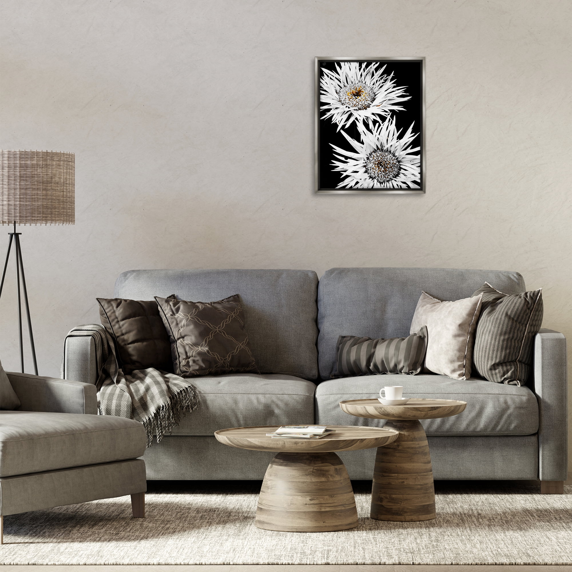 Stupell Industries Bold Contrast Flower Buds Plants & Flowers Painting Gray Floater Framed Canvas Art Print Wall Art, 17 x 21