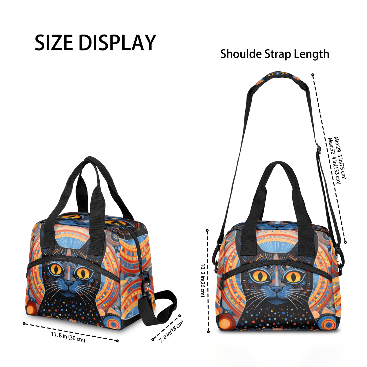 Herdesigns Boho Cat Insulated Lunch Bag for Women Men Adults Large Reusable Lunch Box Ethnic Cat Leakproof Cooler Tote Bags with Adjustable Shoulder Strap