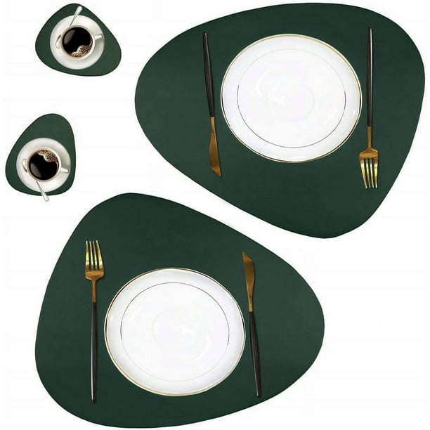 Mantel individual Tapete para mesa redonda Tapete para café Tapete para mesa de cocina Juego de cuero impermeable, a prueba de aceite y con aislamiento térmico (tapete de mesa * 2 + posavasos * 2) verde oscuro Rojo Verde