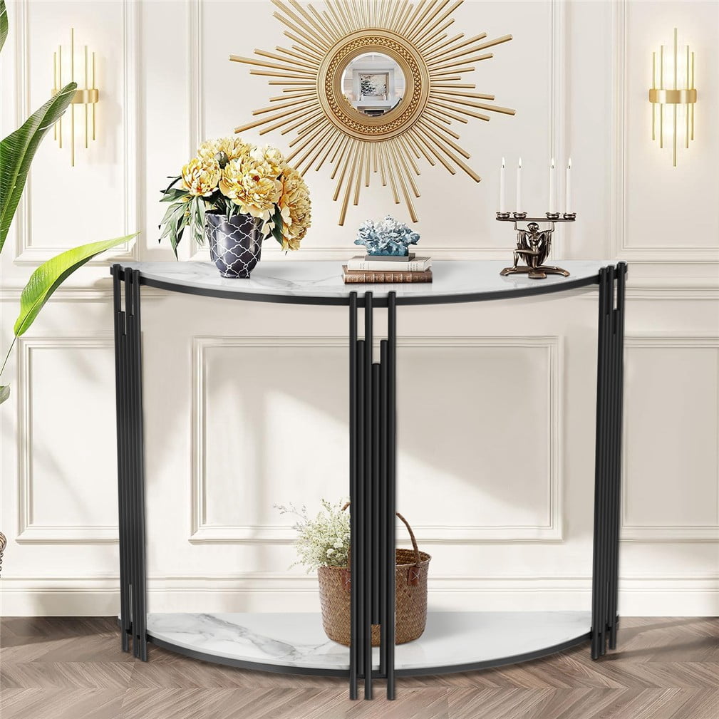 Wisfor Sintered Stone Console Table Entryway Table Black Metal Leg 2 Tier, 39.4x11.8x30.7 inch