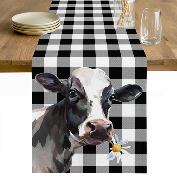 Watercolor Cow Table Runner - 60 Inch Long Farm Animal Black Buffalo Plaid Cotton and Linen Blended Dress Scarves Farmhouse Table Runner for Kitchen Dining, Coffee Table, 13" x 60"