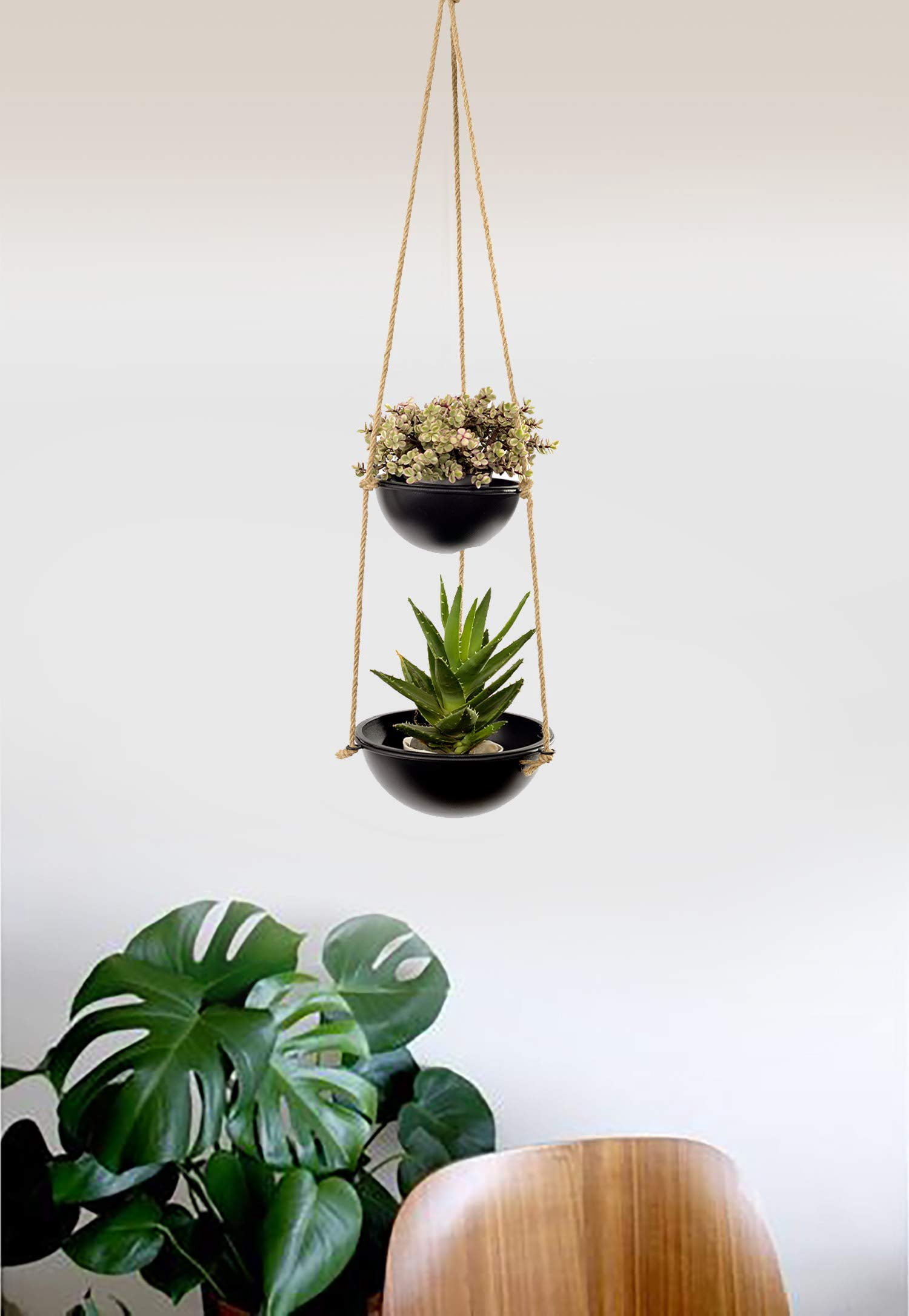 Decorative Indoor Outdoor Hanging Planter with 2 Pots and Jute Rope and Metal Hanger for Hallway Balcony Patio Deck Home Decor in Black Color for Live & Feaux Plants - Set of 2
