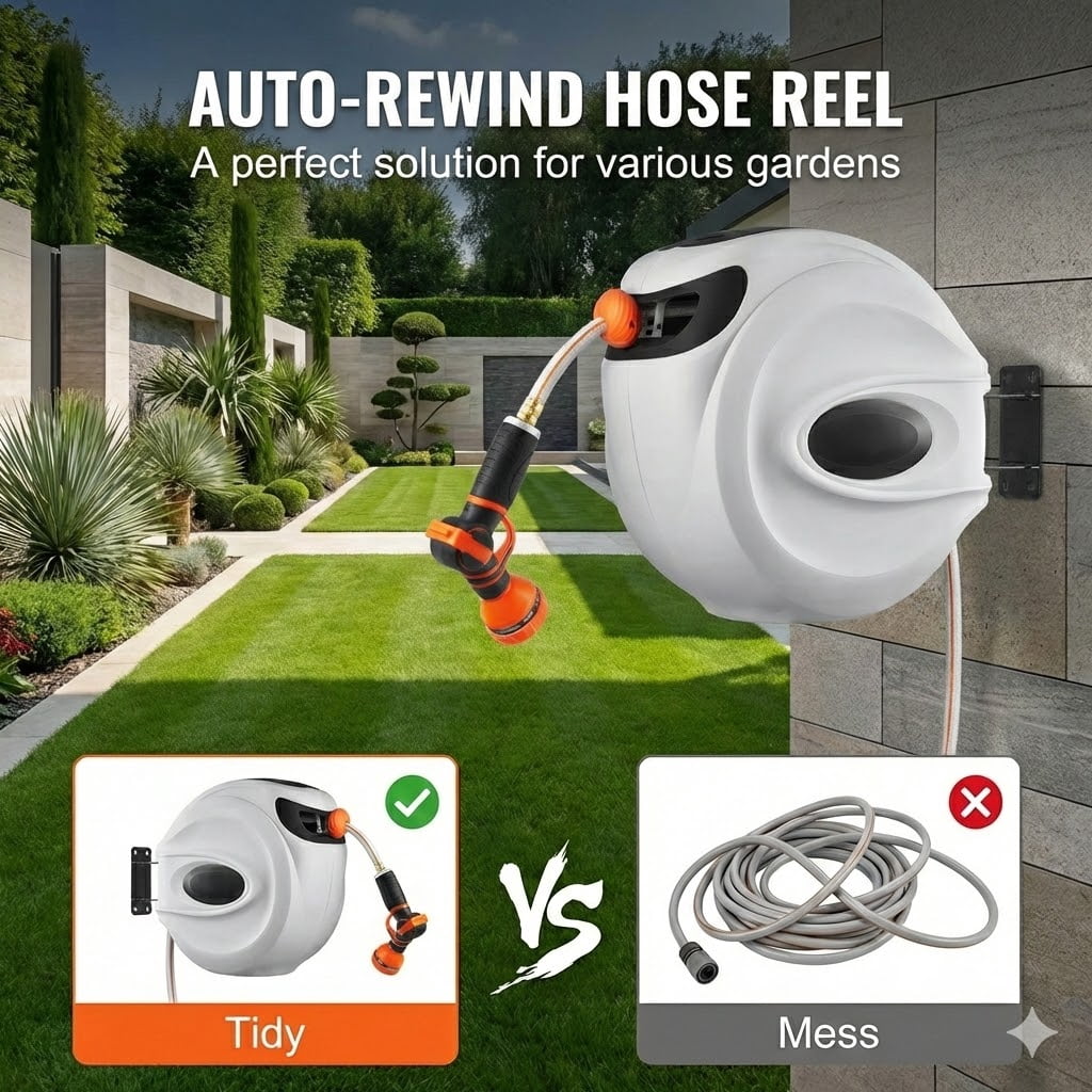 Retractable Hose Reel 100 Ft X 0.5 Inch Garden Water Hose With 9-Pattern Nozzle,180° Swivel Bracket
