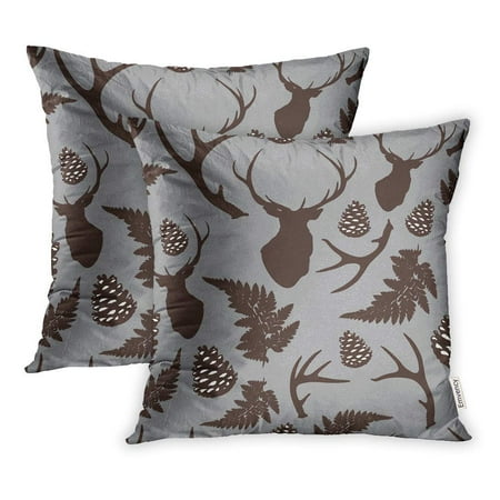 ARHOME Brown Animal Forest Deer Antler Pine Cones Fern on Gray Christmas Autumn Pillow Case Pillow Cover 20x20 inch Set of 2