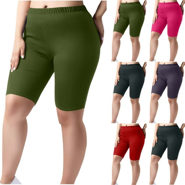 Womens Plus Size Biker Shorts Leggings Skinny Elastic High Waisted Knee Length Pants Stretchy Tummy Control Pants