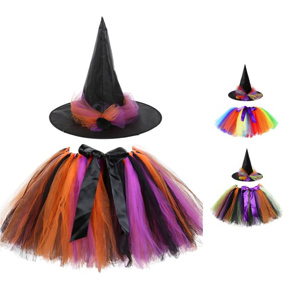 SUXIAN Girls Skirts Halloween Mesh Tutu Layered With Witch Hat 2Pcs Cosplay Set For Kids Toddler Girl Skirts Black 1-3 Years