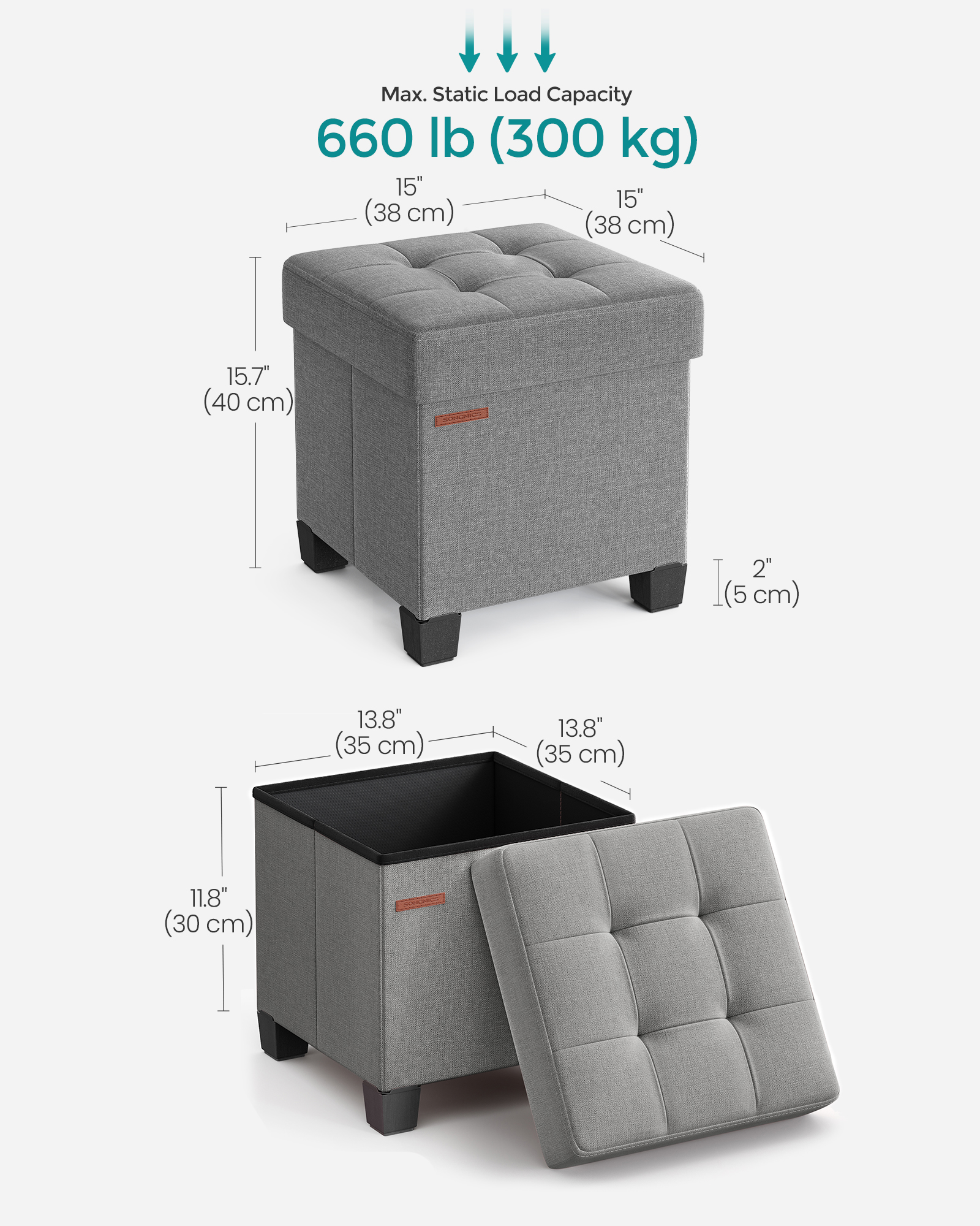 Folding Storage Ottoman Bench with 660lb Capacity, 15x15x15.7 Inch Footrest & Seat, Linen-Look Fabric for Living Room & Bedroom, Dove Gray