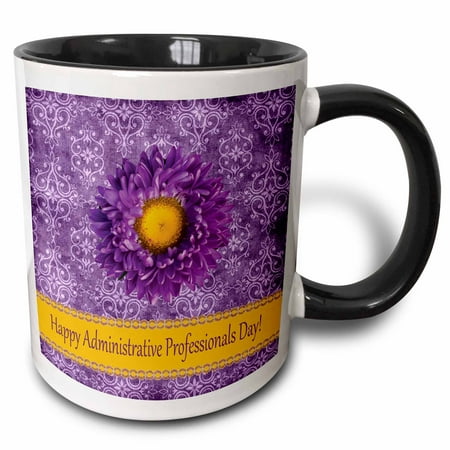 3dRose Administrative Professional day, Purple Mum on Damask - Two Tone Black Mug,