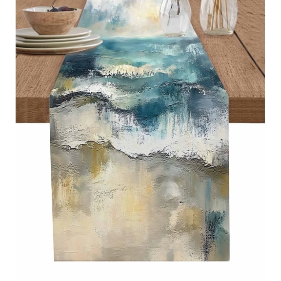 Hokiten Table Runners 90 Inches Long Dress Scarves, Coastal Beach Farmhouse Coffee/Dining/Kitchen Table Runner for Living Room, Abstract Oil Painting Ocean Wave 13x90 Inch