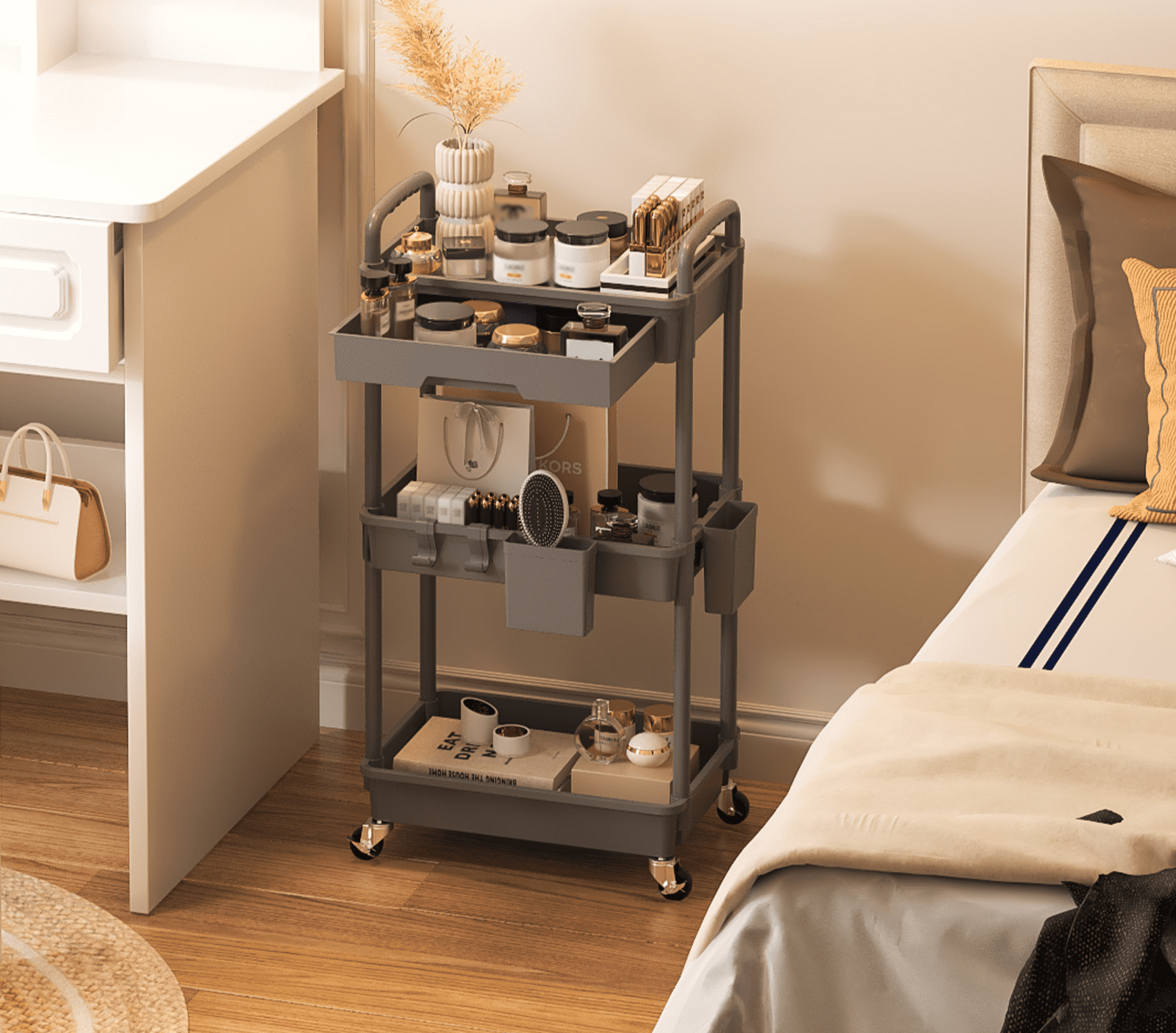LLMRR 3 Tier Rolling Utility Cart with Drawer, Cart with Drawer & Handle, Bathroom Cart Organizer, Rolling Storage Cart with Drawer, Rolling Cart with Lockable Wheels for Kitchen, Office, Gray