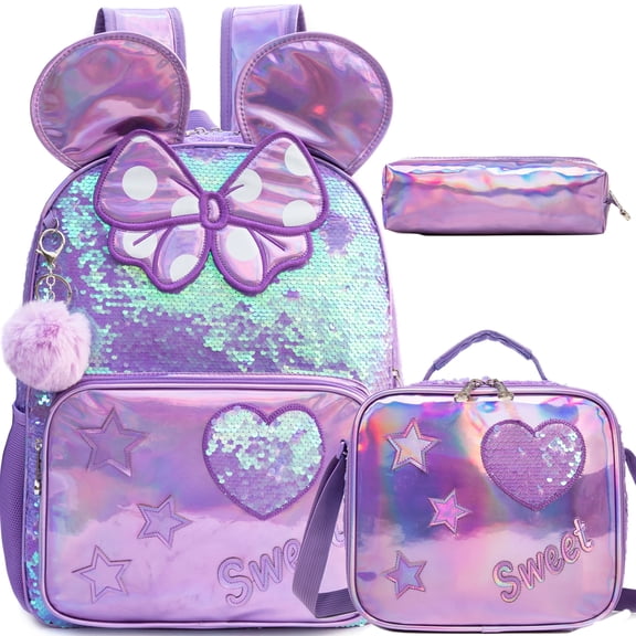 Kids Backpack for School Backpacks for Girls with Lunch Box Kids Penl Bag Bookbag for Elementary Student Ages 6-12 Sequin Purple