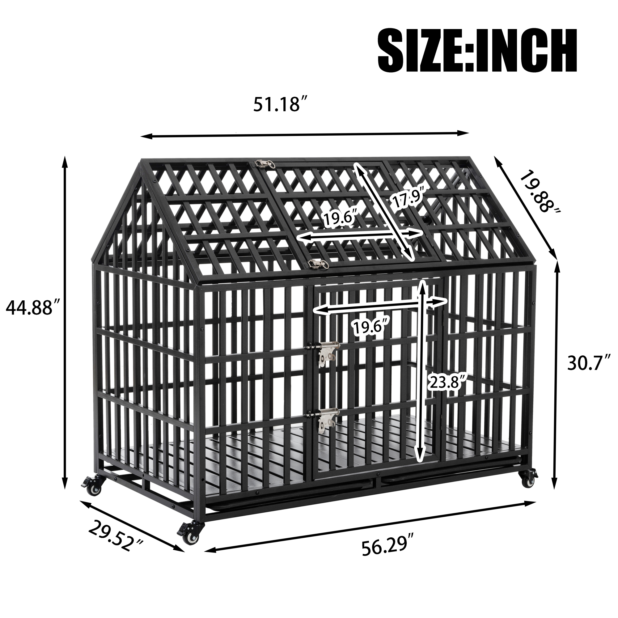 Jopath 52" Heavy Duty Dog Crate Large Dog cage with Roof & window on roof Strong Metal Dog Kennels and Crates with 4 Lockable Wheels for Large Dogs