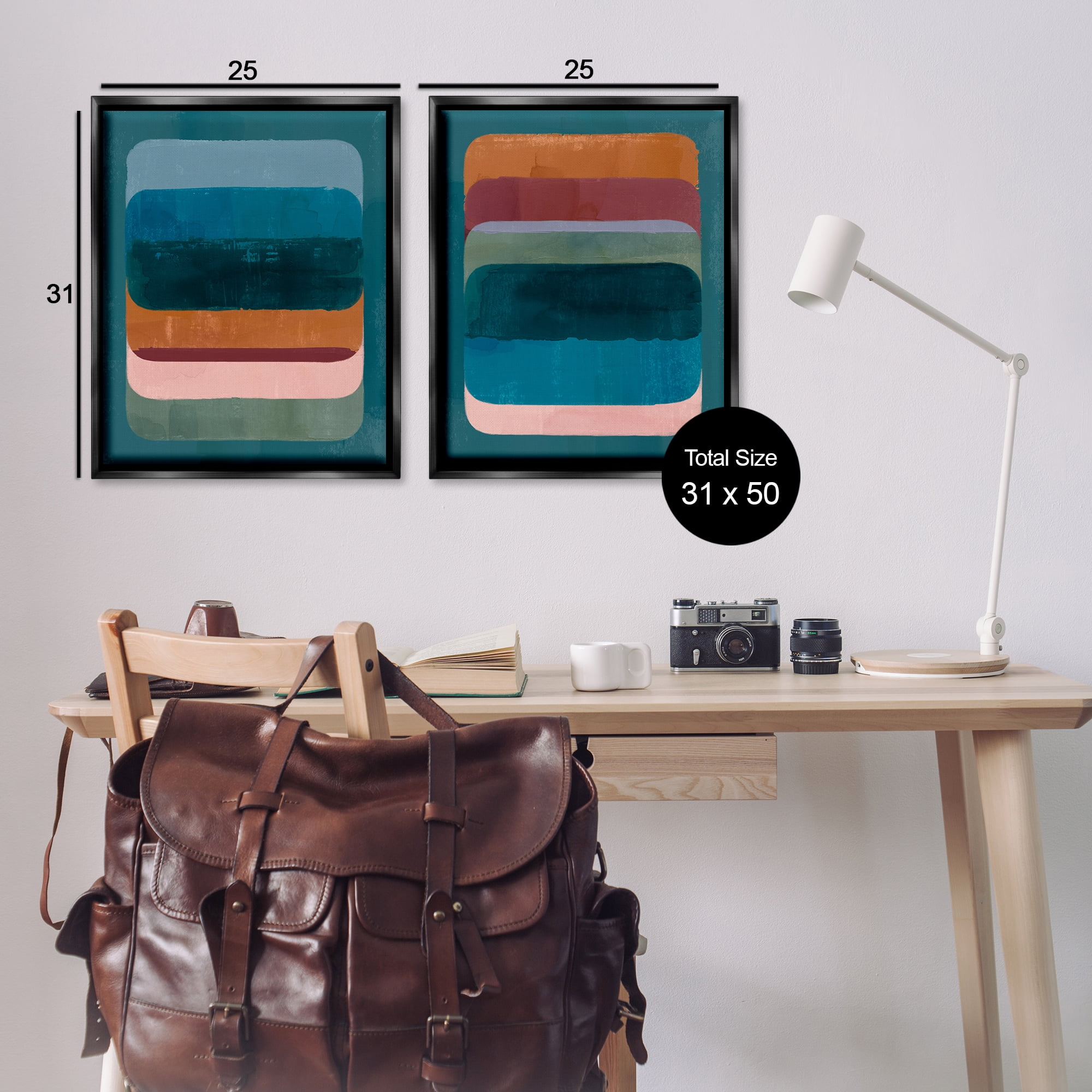 Stupell Industries Abstract Teal Stacked Colors Abstract Painting Black Floater Framed Canvas Art Print Wall Art, 31 x 25, Set of 2