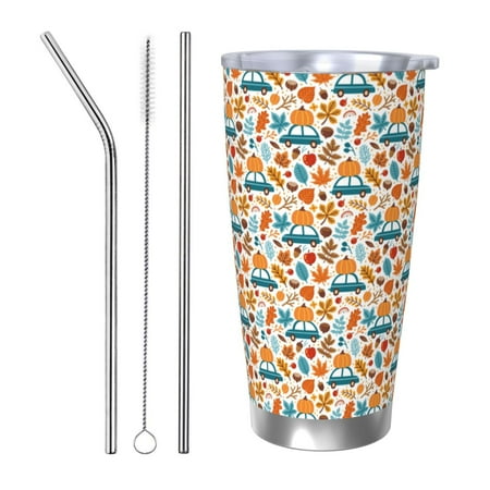 

Zeuib Falling Pumpkins On Car Printed 20oz Stainless Steel Insulated Car Cup Stainless Steel Thermal Cup Vacuum Insulated Leak-proof Travel Mug Cup-Straw Three-piece Set