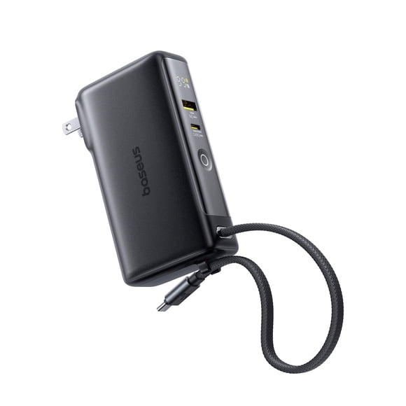 Baseus Nomos Power Bank, 67W Foldable Wall Plug and 10,000mAh 35W Portable Charger, 3-in-1 Travel Essentials Battery Pack Built-in USB-C Cable, for i