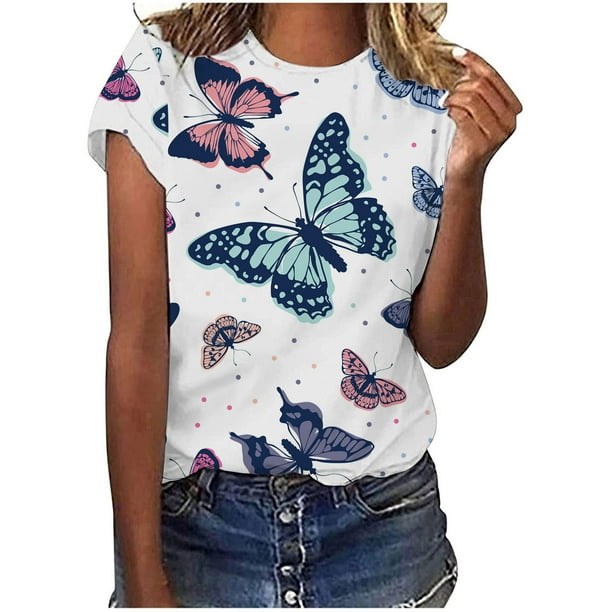 Moda mujer estampado de mariposa camisetas casual mangas cortas tops blusa Pompotops hkajfhjk461034