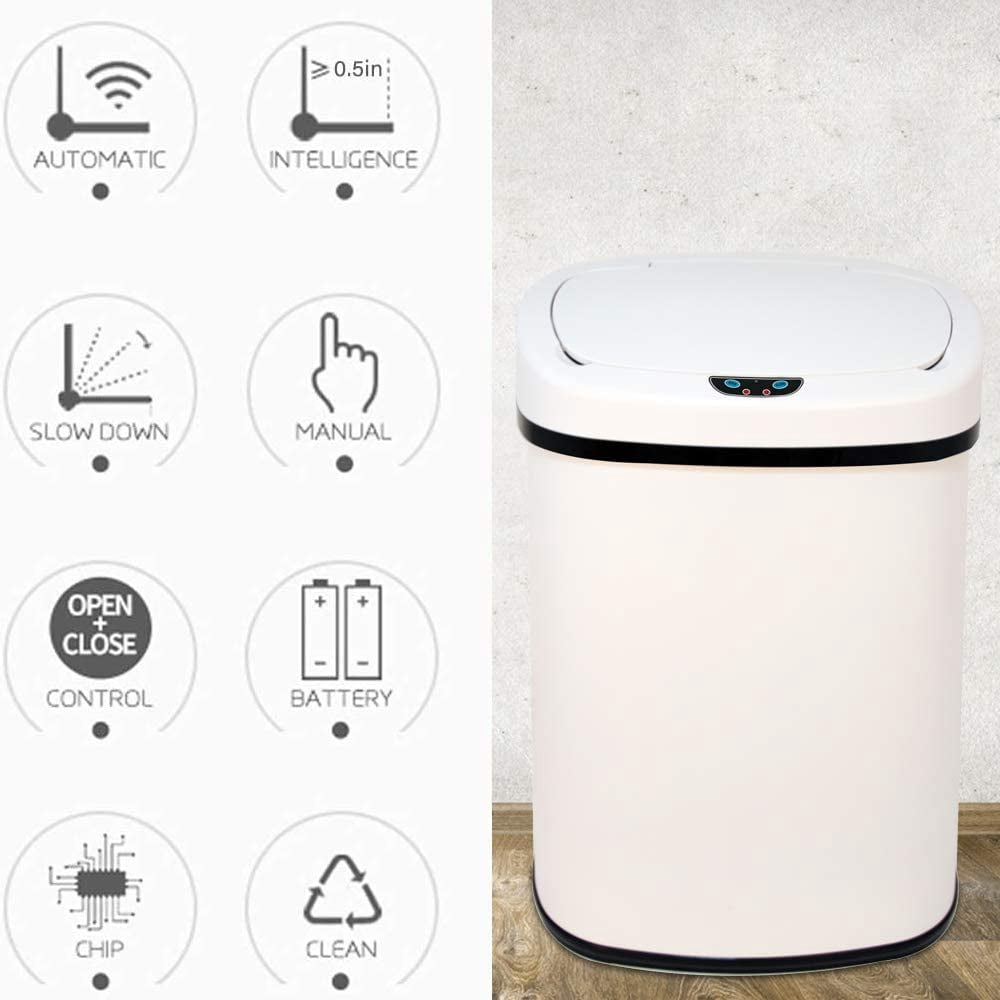 Automatic Garbage Can Touch Free Stainless Steel Trash Can No Touch Kitchen Waste Bin High-Capacity Bathroom Trash Can with Lid for Home Bedroom Office, White