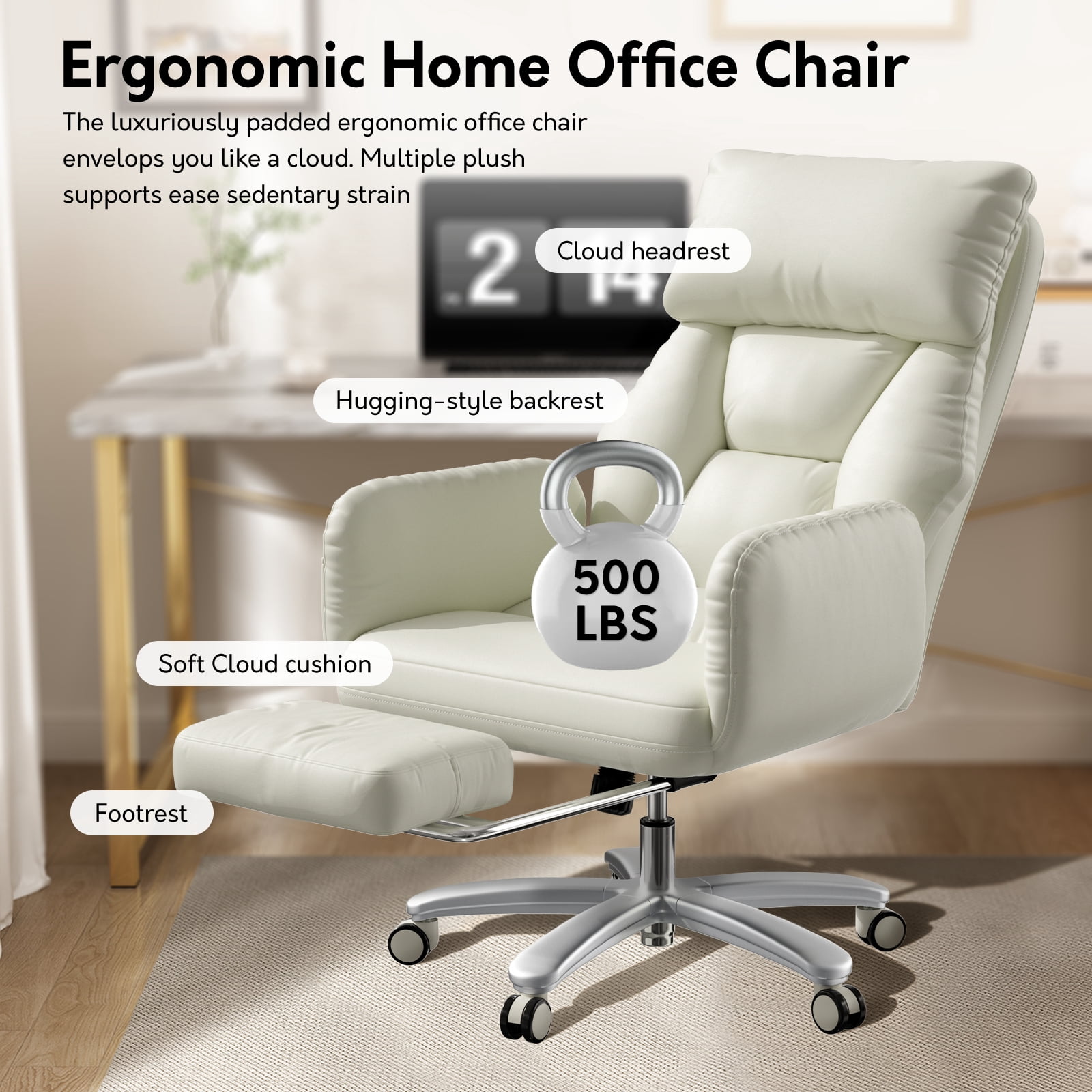 HomeZeer 500lbs Capacity Cross Legged Office Chair, Big and Tall Office Chair with Footrest, PU Leather Criss Cross Desk Chair with Reclining Back, Adjustable Arms & Wide Seat for Home Office, White