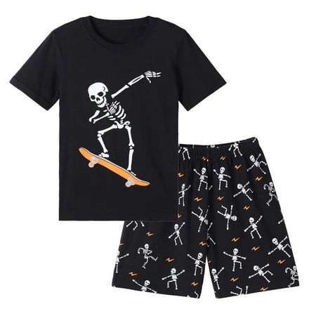 

MyFav Big Boys Glow in Dark Skull Pjs Cotton Sleepwear Summer Pajama Shorts Sets Skateboard 10 Years