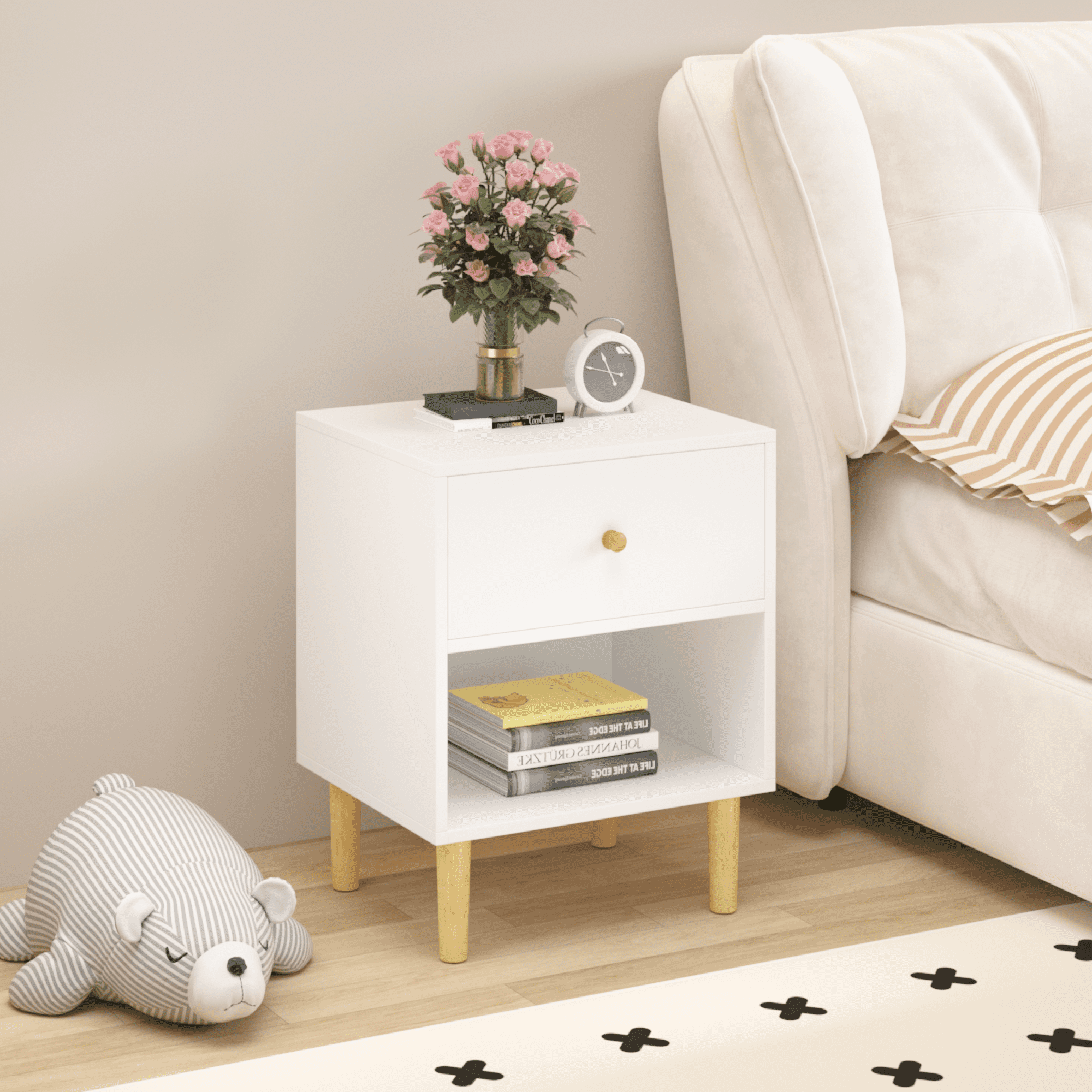 Yoneston Wooden Nightstand with Drawer Bedside Table for Bedroom, Dorm and Small Spaces, White