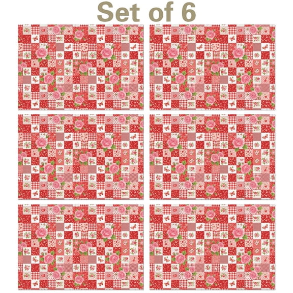 Pioneer Flower Floral Print Pattern Summer Linen Placemats Set Of 6, Washable Non-Slip Heat Resistant Table Mats for Kitchen, 12x18 Inch