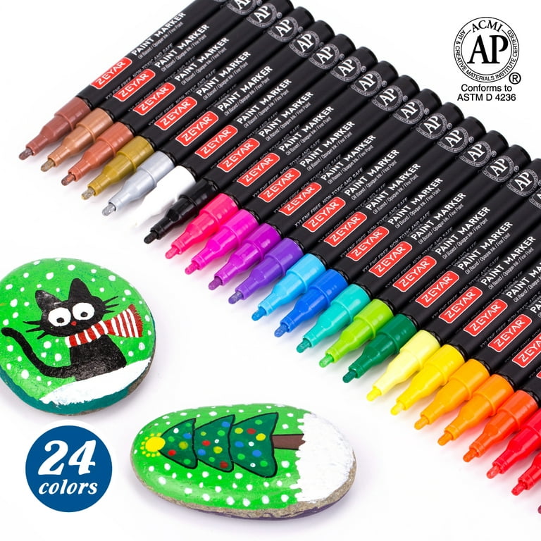 30 Pack Metallic Marker Pens, Lineon 24 Colors Fine Tip Paint Pens with 6  Stencils for DIY Craft Photo Album Rock Art Painting Card Making Glass Wood