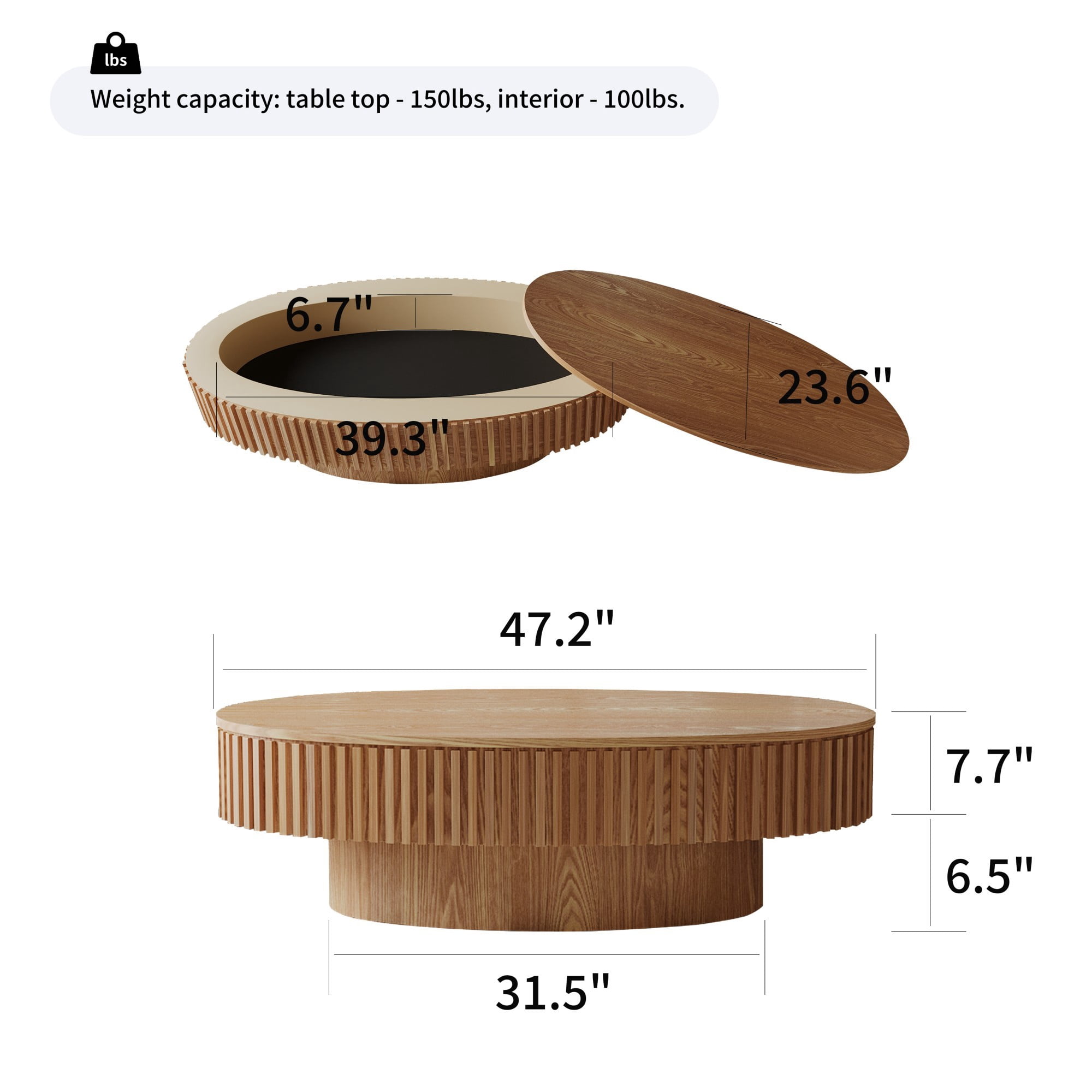 47" Oval Coffee Table with Storage, Fluted Modern Coffee Table with Hidden Storage, Wood Veneer Center Table for Living Room, Natural