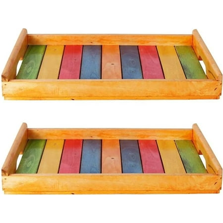 

India Meets India Handmade Wooden Serving Tray [Multi-Color - Square] Decorative Tray for Home/Living Room/ Dinning/ Office/Gifts Set of 2 Wooden Tray w/ Oval Shaped Handle