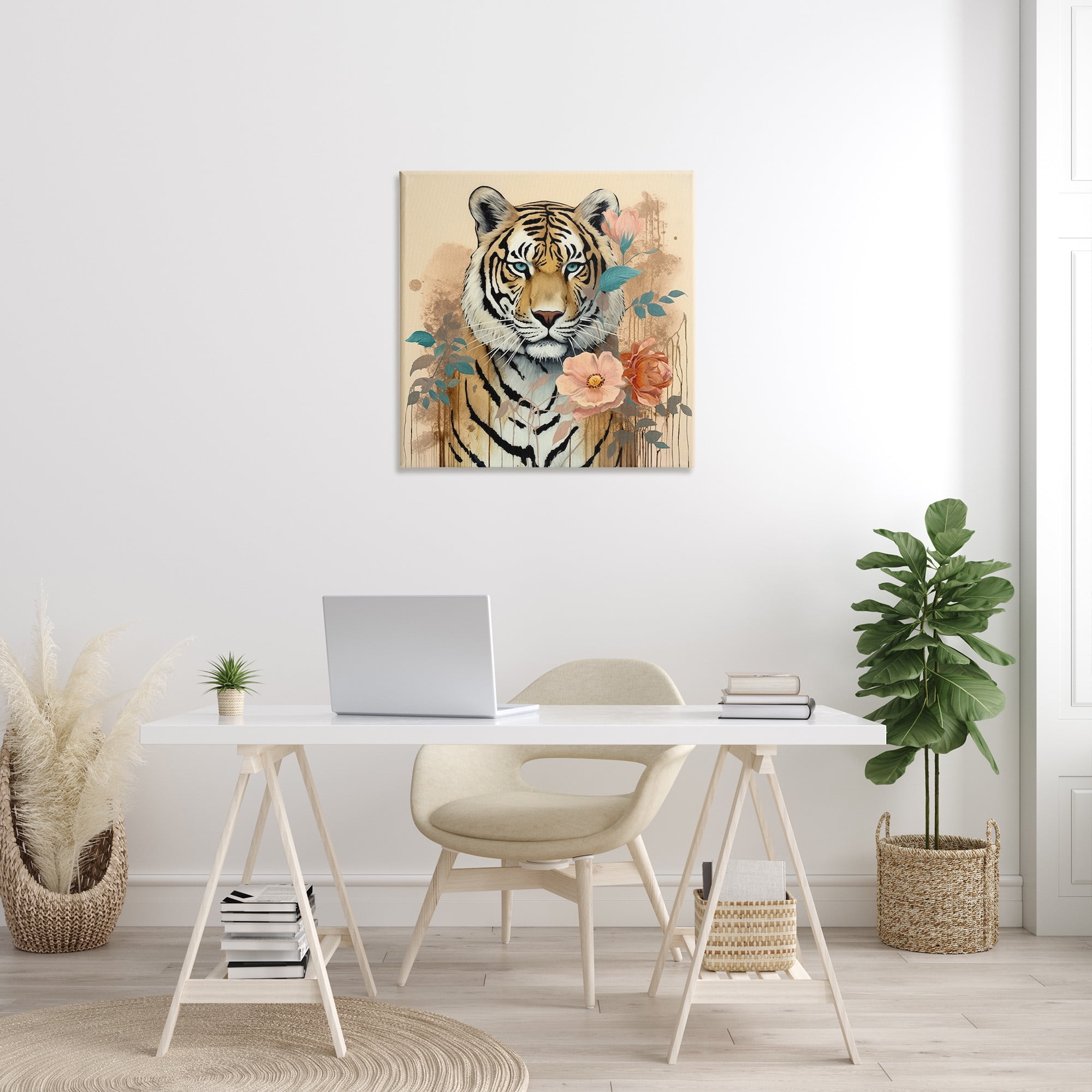 Stupell Industries Modern Floral Tiger Animals & Insects Painting Gallery Wrapped Canvas Art Print Wall Art, 30 x 30