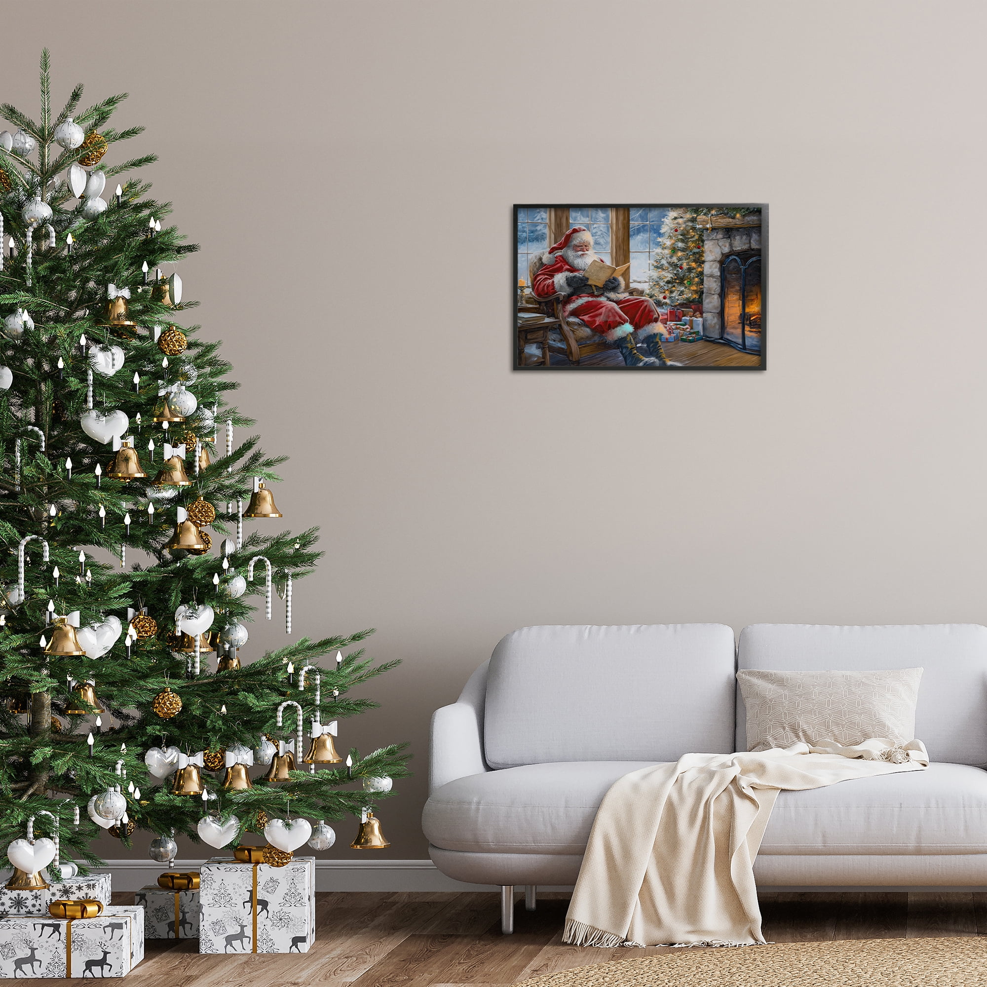 Stupell Industries Santa Reading by Fire Holiday Painting Black Framed Art Prints Wall Art, 24 x 16