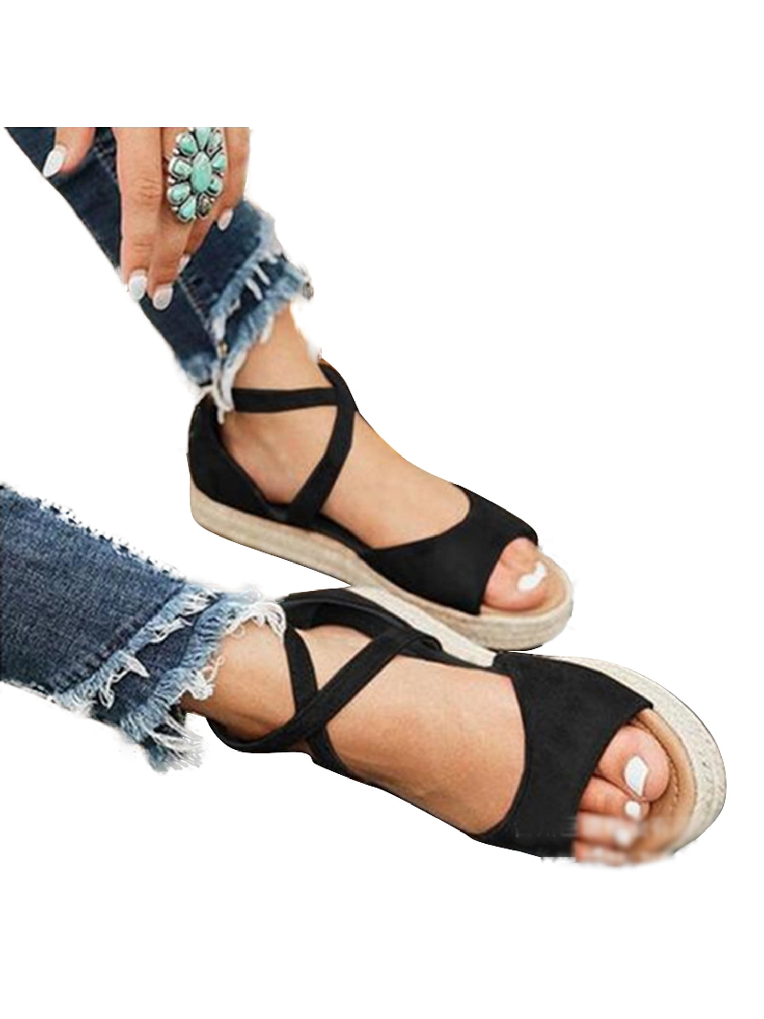 New Womens Flat Shoes Espadrilles Summer Holidays Beach Sandal Ladies Black