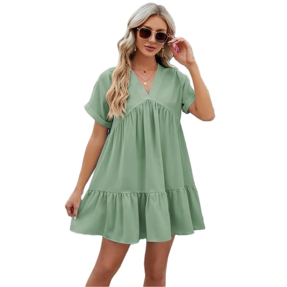Women's Ruched Tiered V Neck Short Sleeve Mini Dress for Summer Party Look Silhouette Flattering Fit 100% Polyester