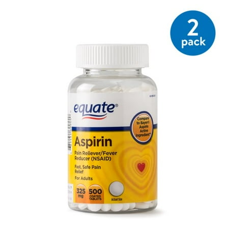 (2 Pack) Equate Pain Relief Aspirin Coated Tablets, 325 mg, 500 (Best Time To Take Aspirin)