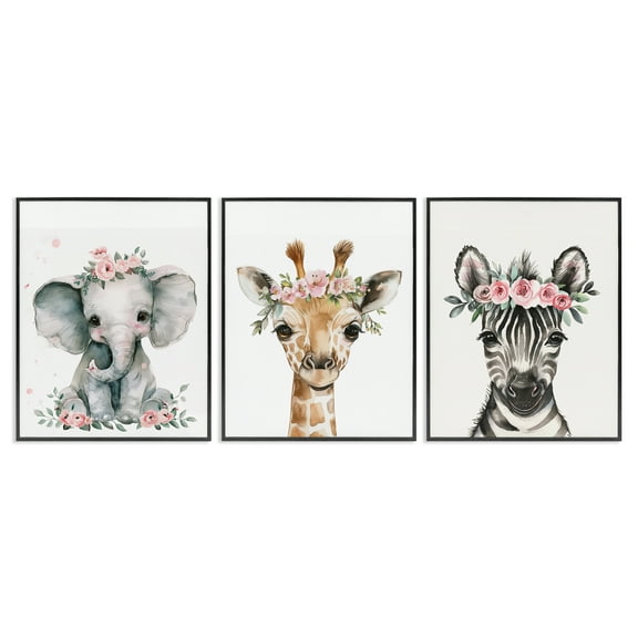 Stupell Industries Pink Rose Jungle Animals Animals Painting Black Framed Art Print Wall Art, 11 x 14, Set of 3