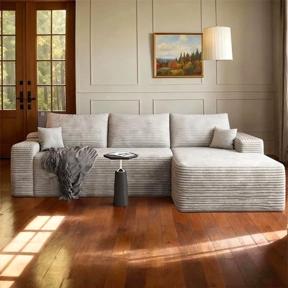 Eyisean Oversized Corduroy Sectional Boneless Couch, 107" W L Shaped Modular Sectional Sofa with Chaise/Ottoman, No Assembly Required, Compress Couches for Living Room