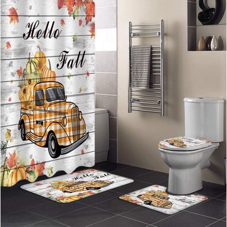 ZHANZZK Hello Fall 4 Piece Bathroom Set Shower Curtain Bath Rug Contour Mat and Toilet Lid Cover