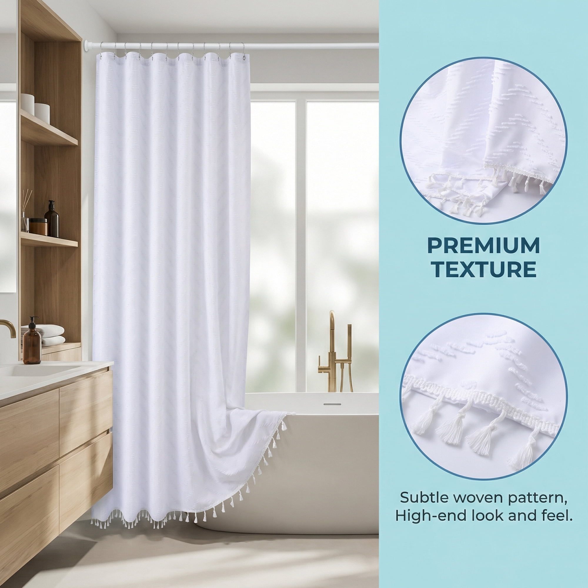 Unique Bargains Boho Wavy Striped Shower Curtain with Tassel and Hooks White 72"W x 72"L