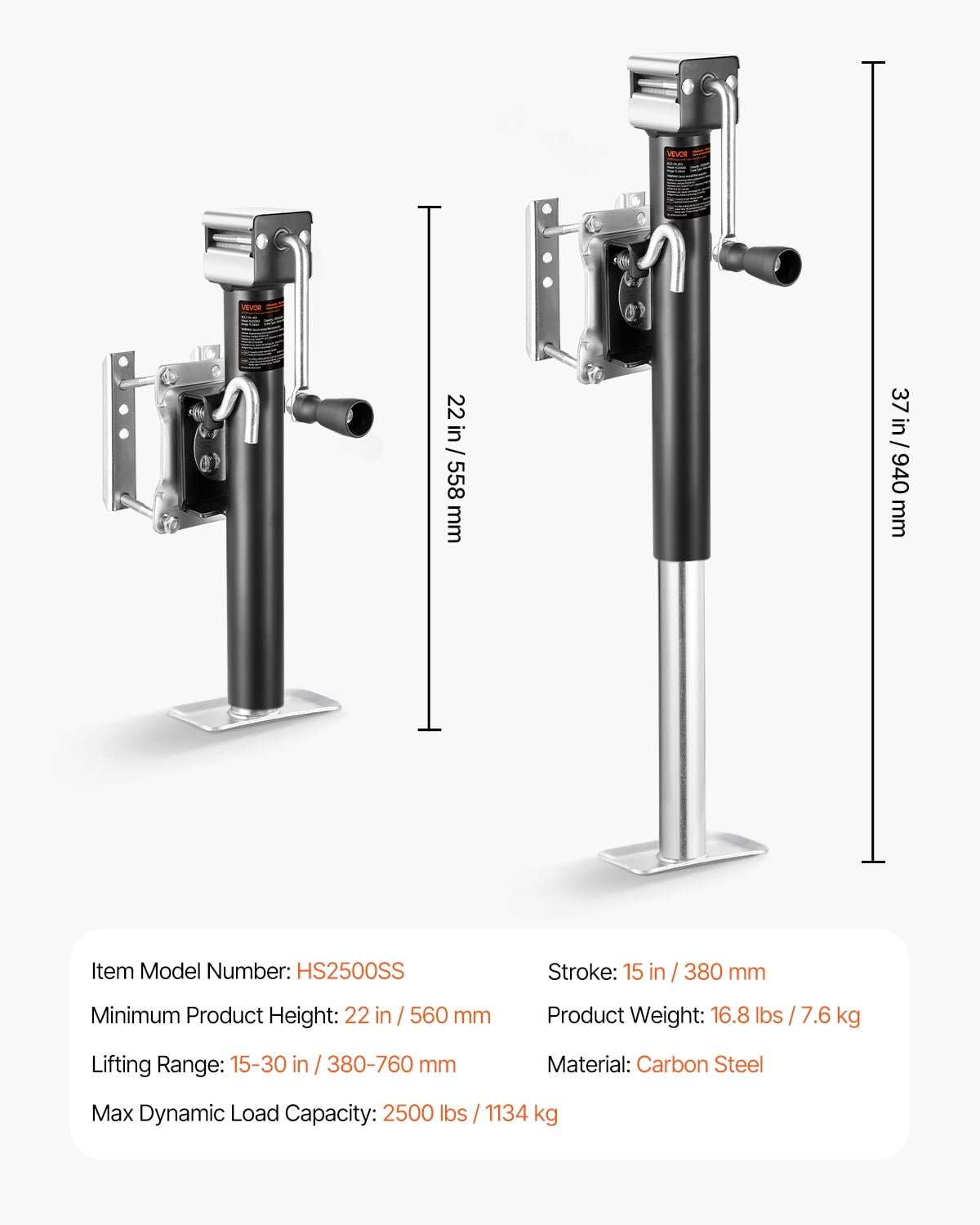 VEVOR Trailer Jack, 2500 lbs Dynamic Load Capacity, Heavy Duty Swivel Bolt-on Trailer Jack with Ergonomic Handle, 15-inch Vertical Travel, Suitable for RV, Horse, Utility, Camping and Yacht Trailers